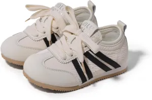 Kids Casual Athletic Sneakers, White with Black Stripes, Lace-up Style