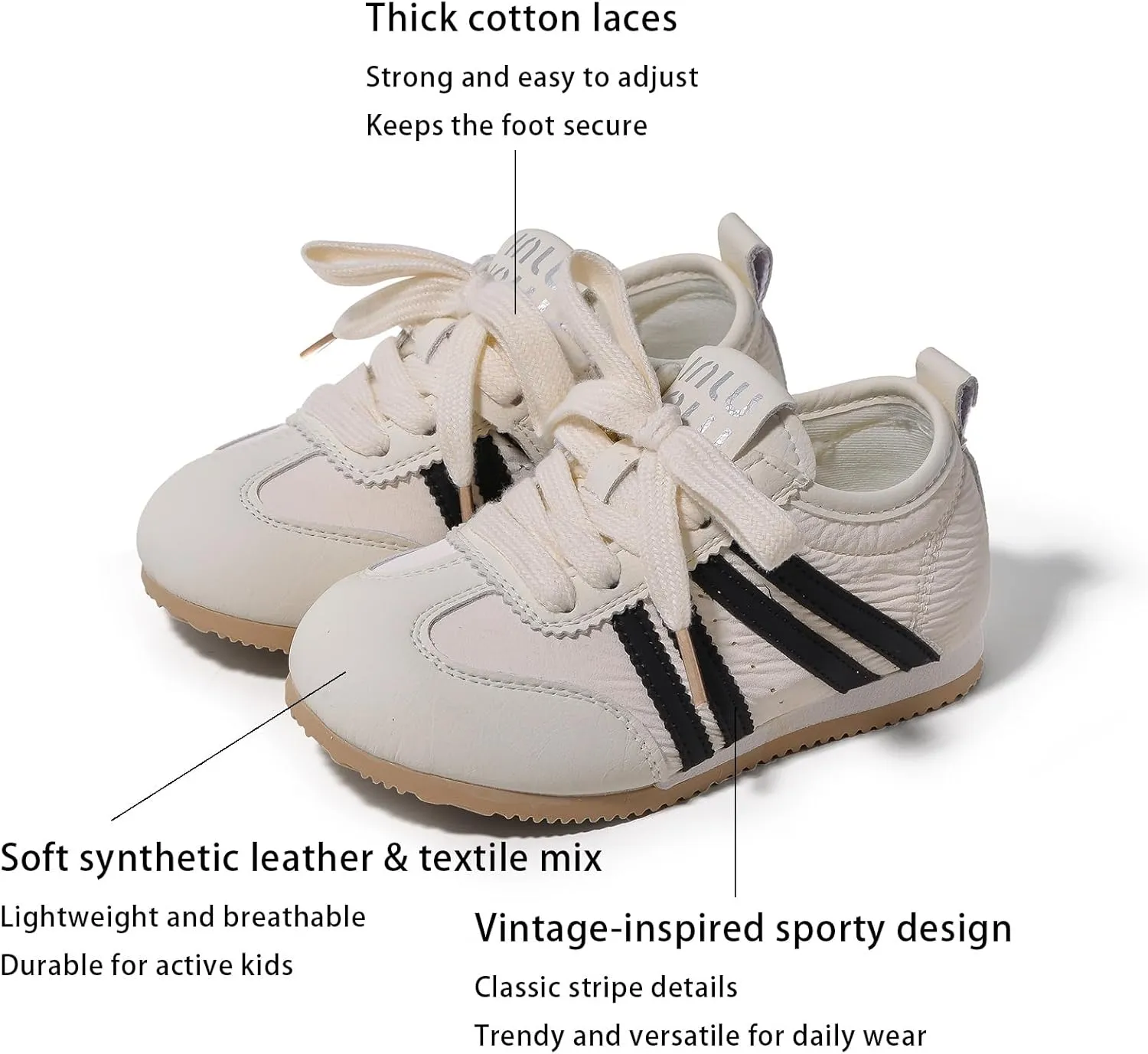 Kids Casual Athletic Sneakers, White with Black Stripes, Lace-up Style
