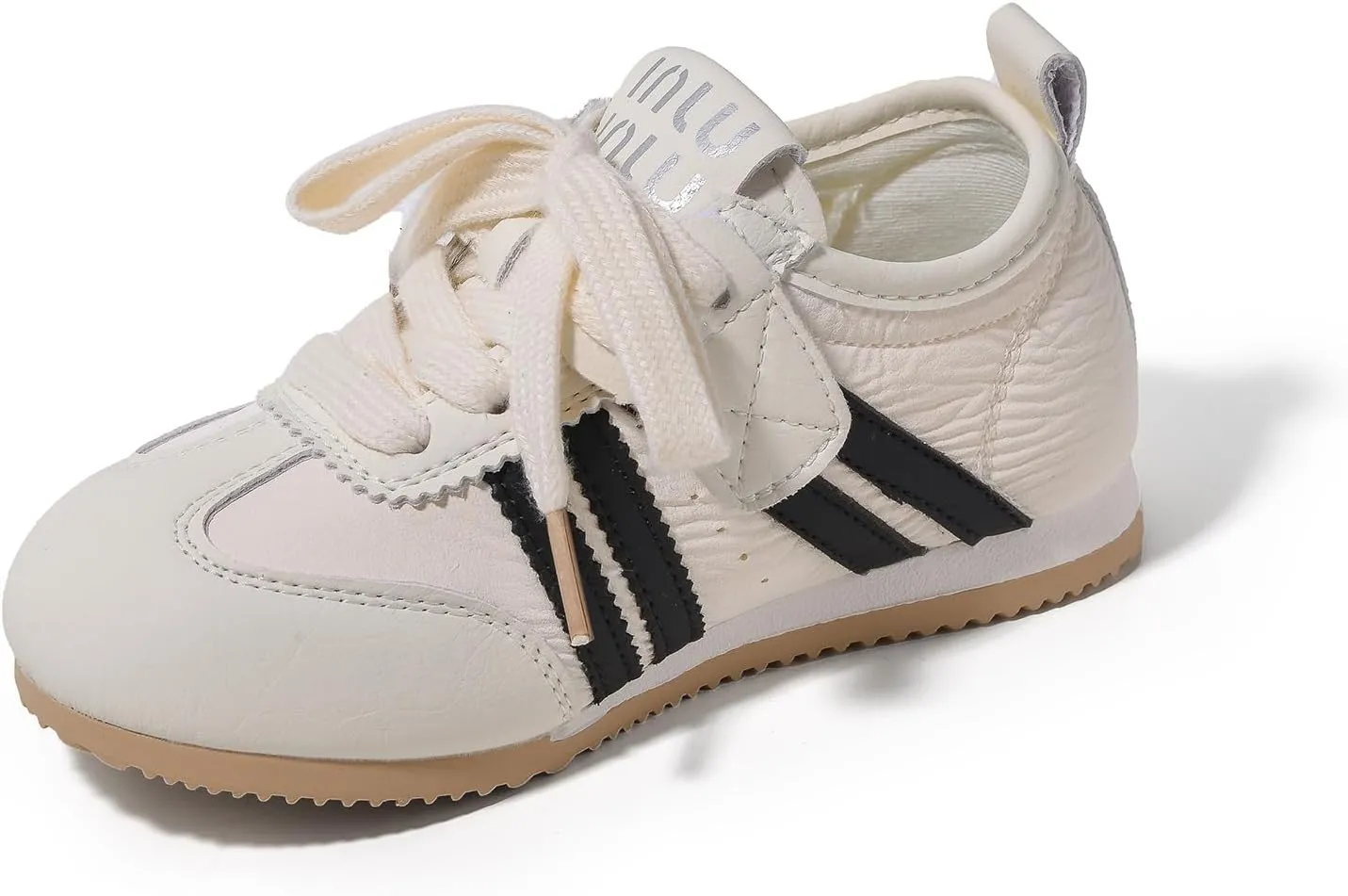 Kids Casual Athletic Sneakers, White with Black Stripes, Lace-up Style