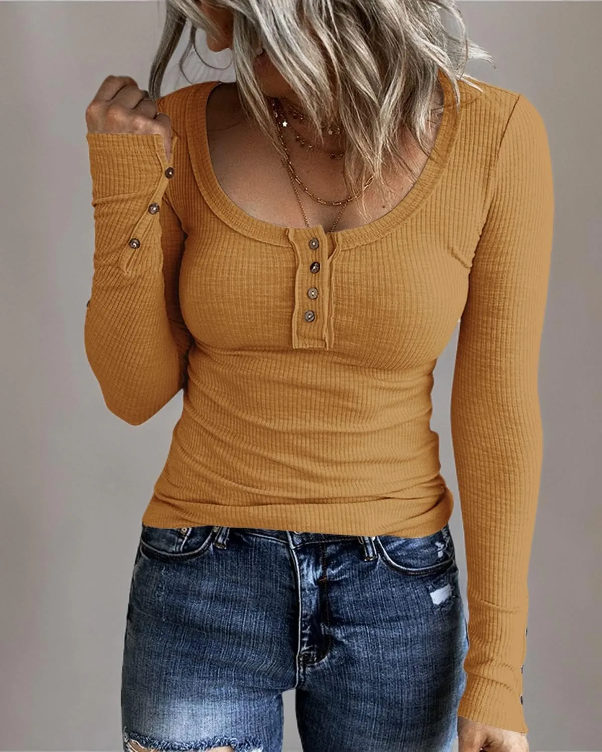 KINLONSAIR Women’s Long Sleeve Henley T Shirts Button Down Slim Fit Tops Scoop Neck Ribbed Knit Shirts