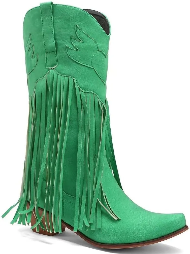 KISSASA Fringe Denim Cowgirl Boots Pointed Toe Mid Claf Cowboy Boots Chunky Stacked Heel Western Boots