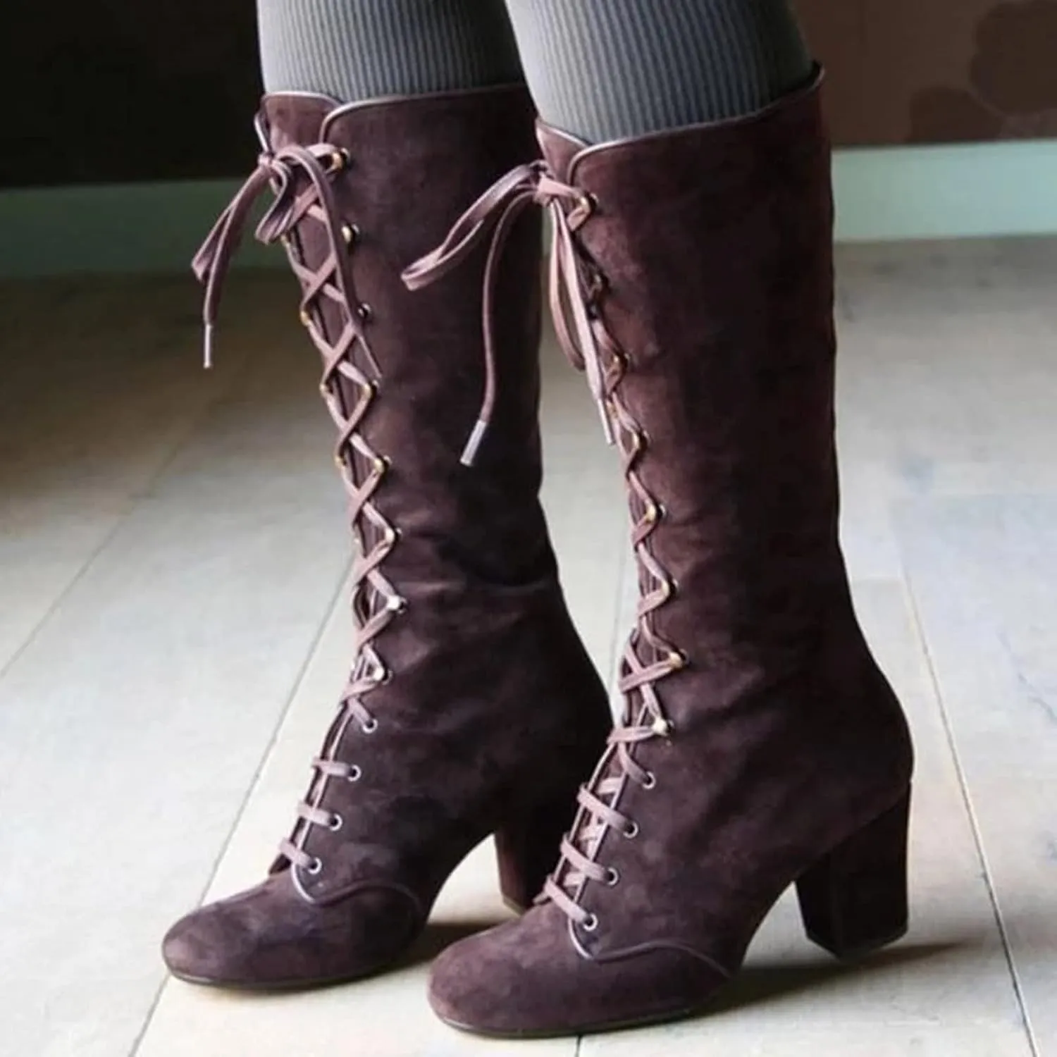 Knee High Boots for Women Chunky Heel Boots Medieval Victorian Boots Lace Up Mid Calf Boots Goth Cosplay Costume