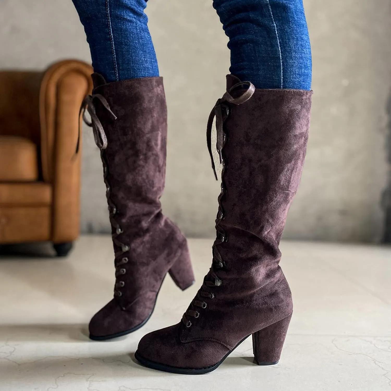 Knee High Boots for Women Chunky Heel Boots Medieval Victorian Boots Lace Up Mid Calf Boots Goth Cosplay Costume