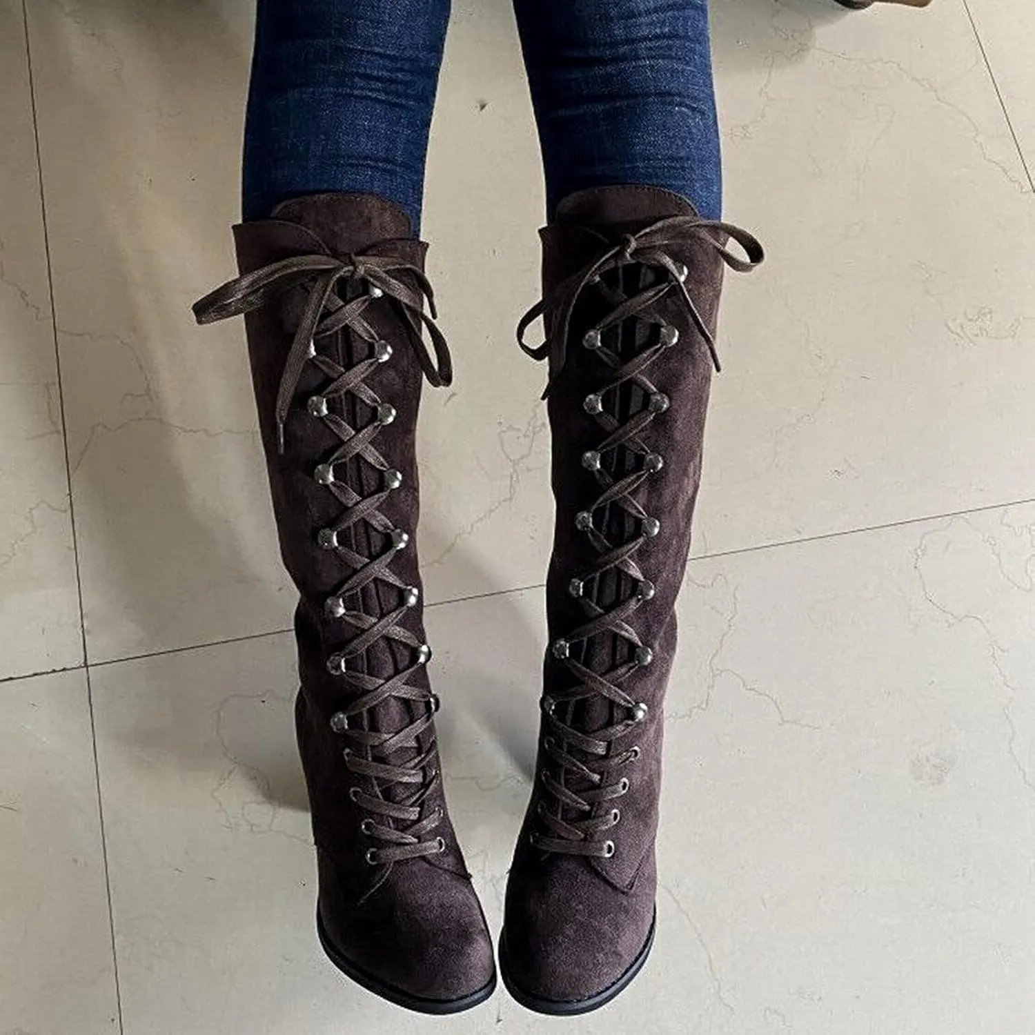 Knee High Boots for Women Chunky Heel Boots Medieval Victorian Boots Lace Up Mid Calf Boots Goth Cosplay Costume