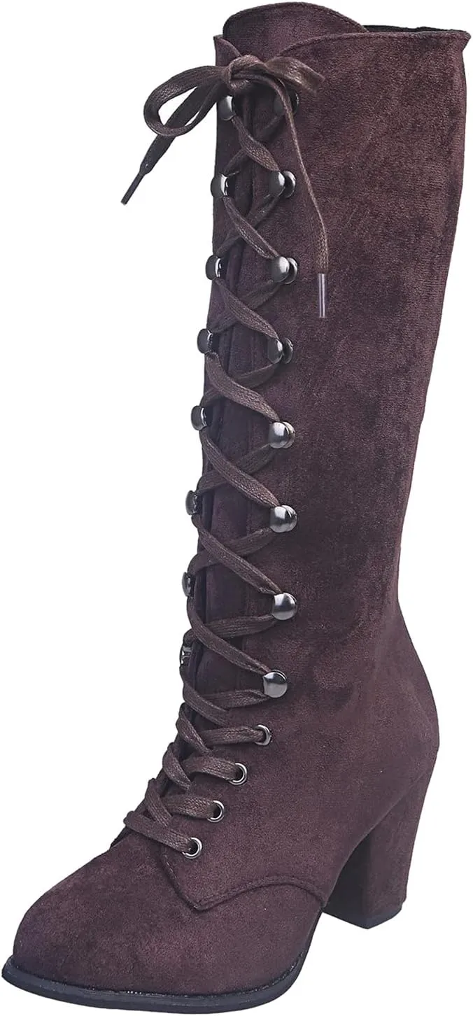 Knee High Boots for Women Chunky Heel Boots Medieval Victorian Boots Lace Up Mid Calf Boots Goth Cosplay Costume