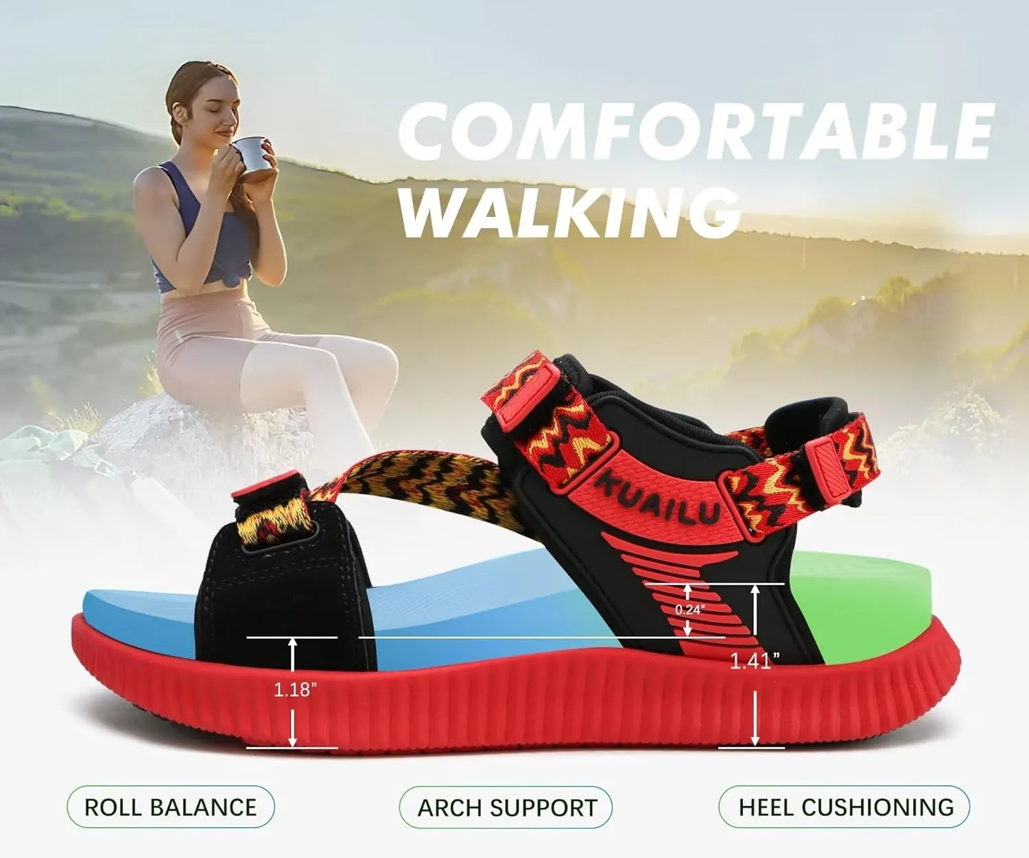 KuaiLu Womens Orthopedic Walking Sandals Recovery Sport Outdoor Hiking Water Sandles Thick Athletic Cushion Adjustable Leather Strap Sandals with Comfortable Plantar Fasciitis Arch Support