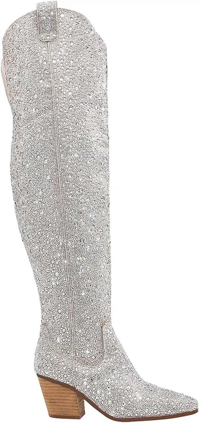 KVZFNZ Women's Cowboy Boots - Western Cowgirl Over The Knee High Boots With Rhinestone, Chunky Stacked Heel, Pointed Toe, Pull-on