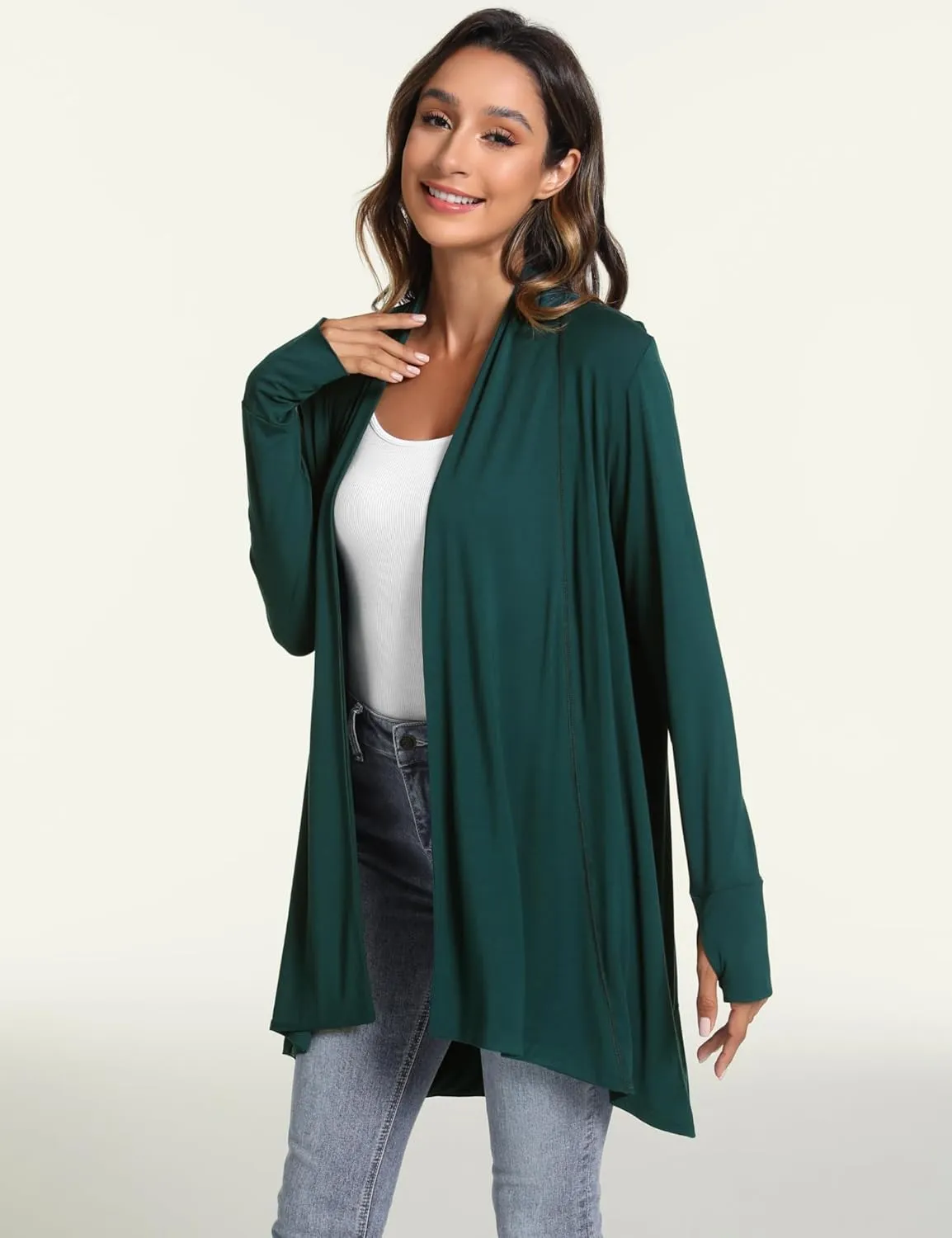 LazyCozy Women's Open-Front Long-Sleeve Cardigan Lightweight Draped Cardigan Sweaters Stretch Jersey Topper