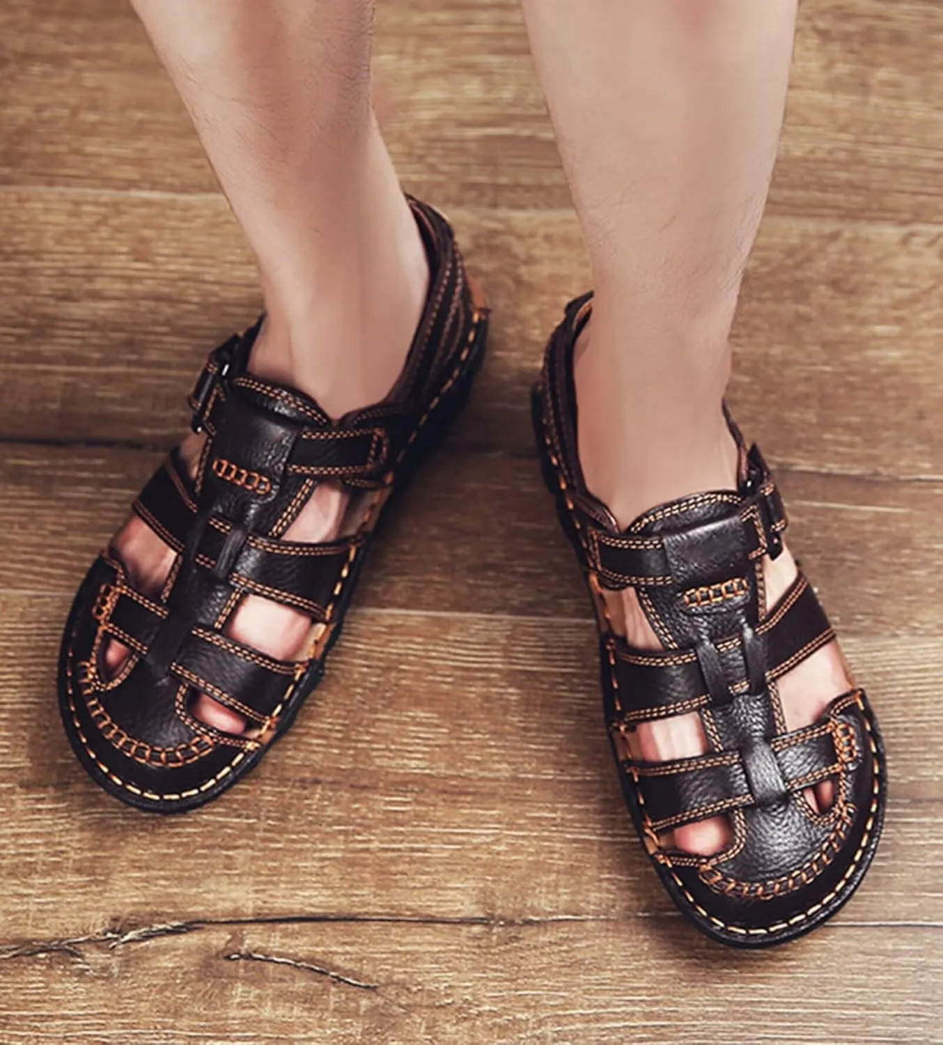 Leather Sandals Men's Closed Toe Water Shoes Summer Fisherman Sandals Athletic Outdoor Walking Hiking Sports Sandals Waterproof Beach Sandals