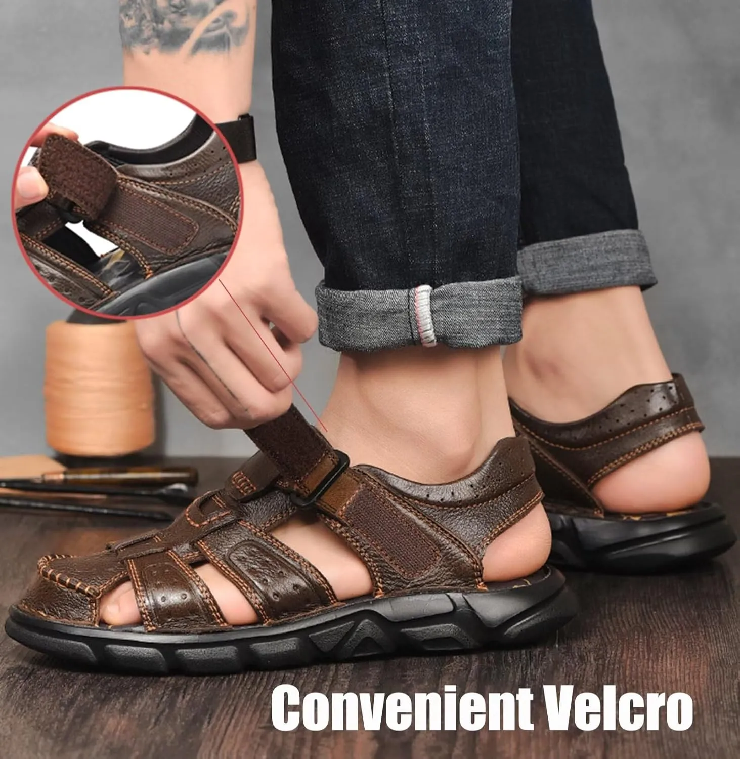 Leather Sandals Men's Closed Toe Water Shoes Summer Fisherman Sandals Athletic Outdoor Walking Hiking Sports Sandals Waterproof Beach Sandals