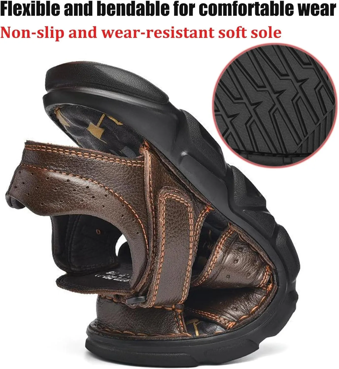 Leather Sandals Men's Closed Toe Water Shoes Summer Fisherman Sandals Athletic Outdoor Walking Hiking Sports Sandals Waterproof Beach Sandals