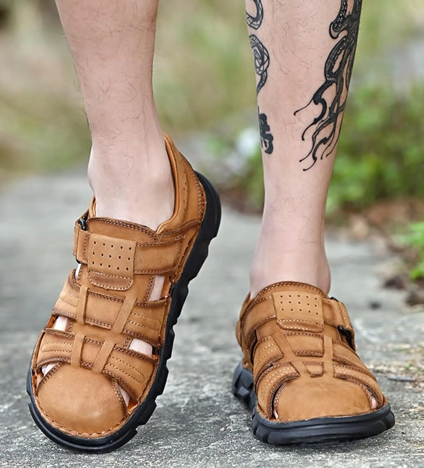 Leather Sandals Men's Closed Toe Water Shoes Summer Fisherman Sandals Athletic Outdoor Walking Hiking Sports Sandals Waterproof Beach Sandals