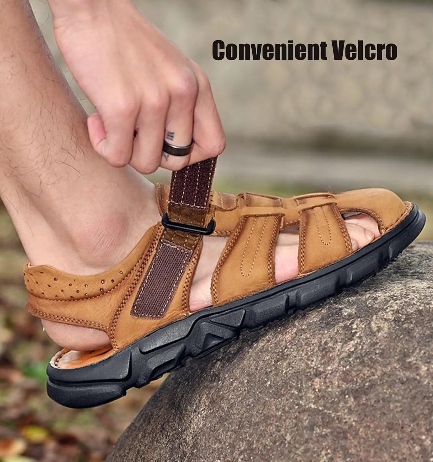 Leather Sandals Men's Closed Toe Water Shoes Summer Fisherman Sandals Athletic Outdoor Walking Hiking Sports Sandals Waterproof Beach Sandals