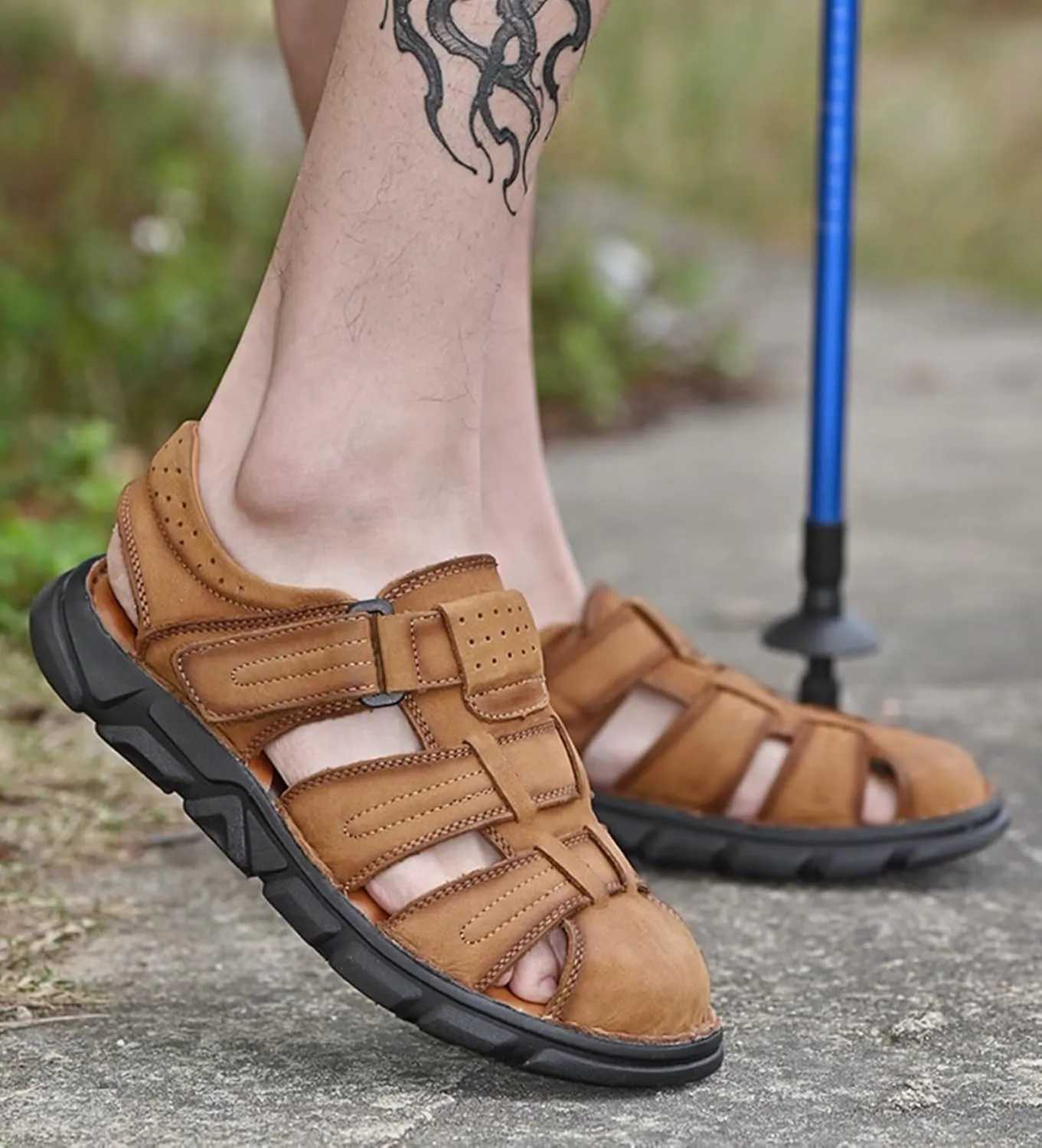 Leather Sandals Men's Closed Toe Water Shoes Summer Fisherman Sandals Athletic Outdoor Walking Hiking Sports Sandals Waterproof Beach Sandals