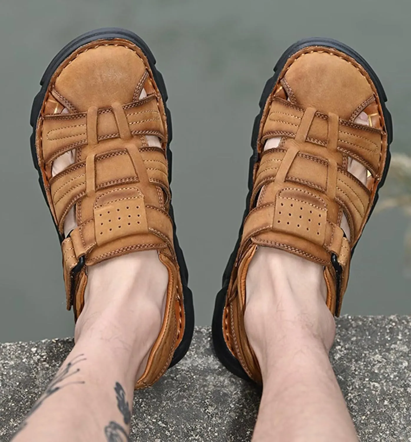 Leather Sandals Men's Closed Toe Water Shoes Summer Fisherman Sandals Athletic Outdoor Walking Hiking Sports Sandals Waterproof Beach Sandals