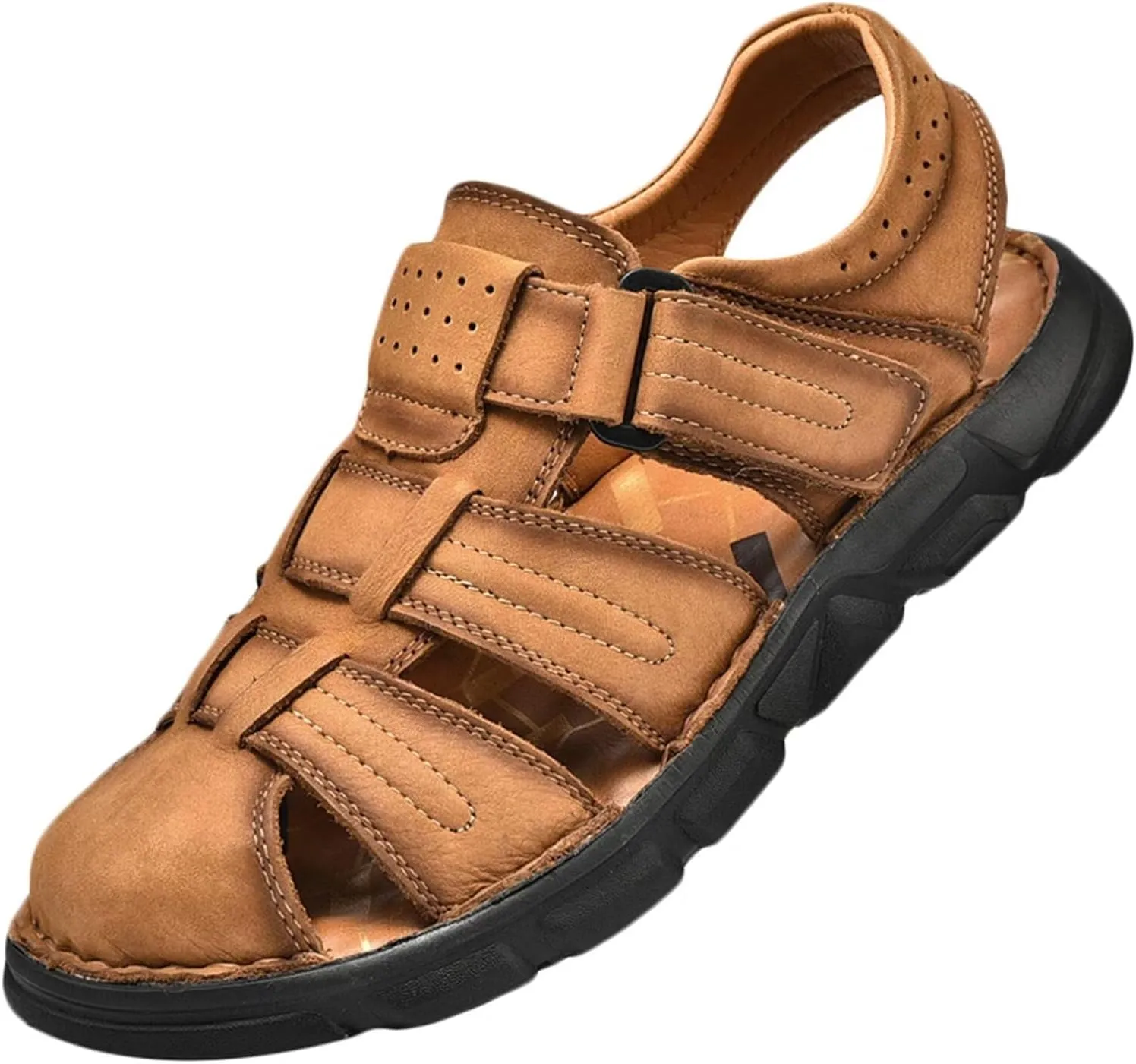Leather Sandals Men's Closed Toe Water Shoes Summer Fisherman Sandals Athletic Outdoor Walking Hiking Sports Sandals Waterproof Beach Sandals