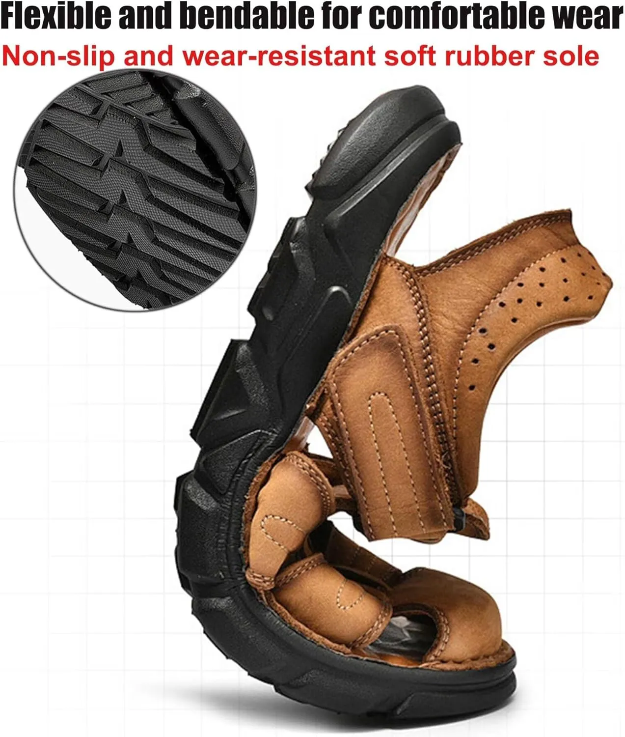Leather Sandals Men's Closed Toe Water Shoes Summer Fisherman Sandals Athletic Outdoor Walking Hiking Sports Sandals Waterproof Beach Sandals
