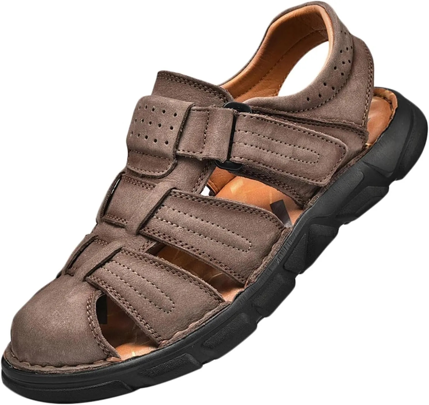 Leather Sandals Men's Closed Toe Water Shoes Summer Fisherman Sandals Athletic Outdoor Walking Hiking Sports Sandals Waterproof Beach Sandals