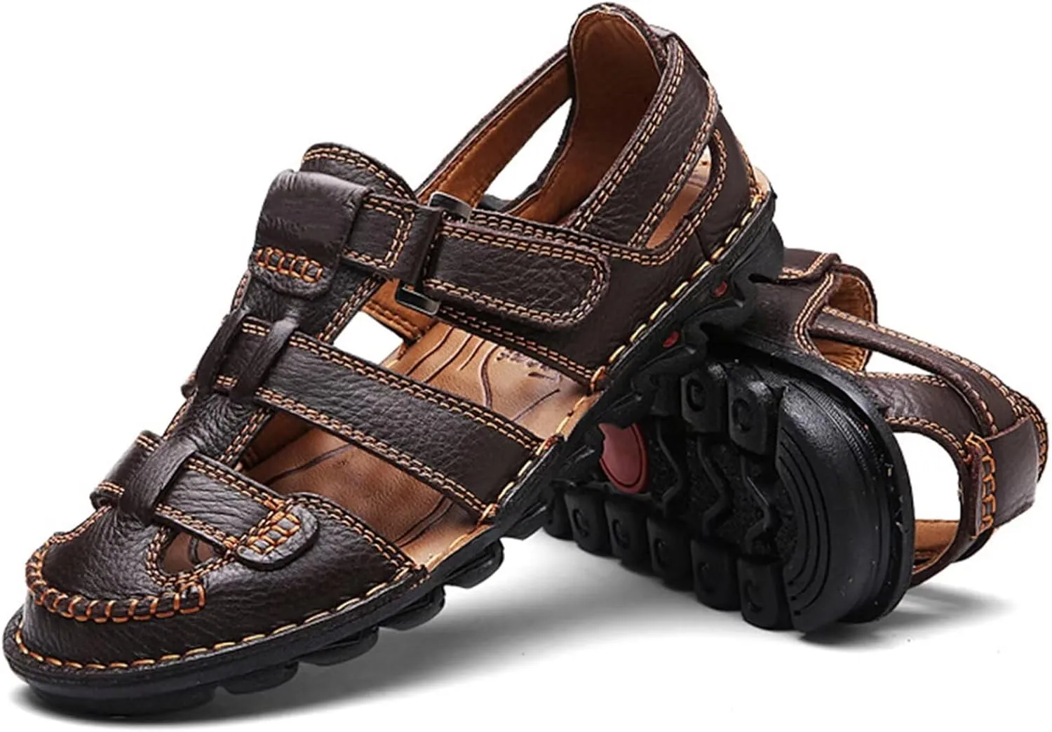 Leather Sandals Men's Closed Toe Water Shoes Summer Fisherman Sandals Athletic Outdoor Walking Hiking Sports Sandals Waterproof Beach Sandals