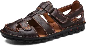 Leather Sandals Men's Closed Toe Water Shoes Summer Fisherman Sandals Athletic Outdoor Walking Hiking Sports Sandals Waterproof Beach Sandals
