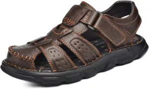 Leather Sandals Men's Closed Toe Water Shoes Summer Fisherman Sandals Athletic Outdoor Walking Hiking Sports Sandals Waterproof Beach Sandals