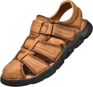 Leather Sandals Men's Closed Toe Water Shoes Summer Fisherman Sandals Athletic Outdoor Walking Hiking Sports Sandals Waterproof Beach Sandals