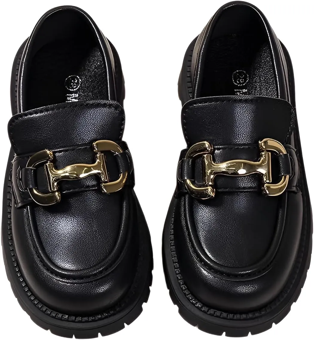 lilaBelle]Girls Loafers Slip-On School Dress Shoes for Kids Comfortable Lightweight Formal Shoes Graduation Ceremonies Performances Breathable Leather F3 Black Matte