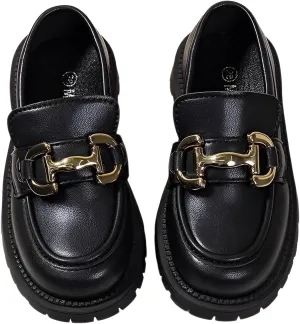 lilaBelle]Girls Loafers Slip-On School Dress Shoes for Kids Comfortable Lightweight Formal Shoes Graduation Ceremonies Performances Breathable Leather F3 Black Matte