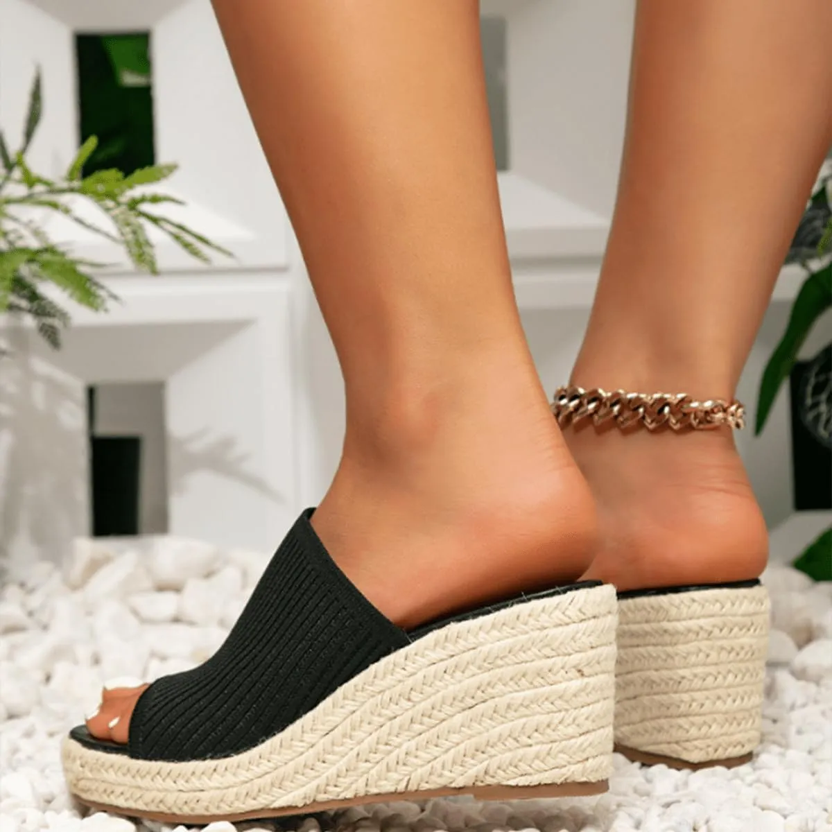Mattiventon Wedge Sandals for Women Platform Sandals Espadrilles Beach Vacation Sandals Summer Knit Slip on Open Toe Heels Casual