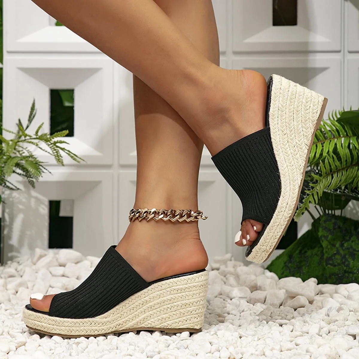 Mattiventon Wedge Sandals for Women Platform Sandals Espadrilles Beach Vacation Sandals Summer Knit Slip on Open Toe Heels Casual