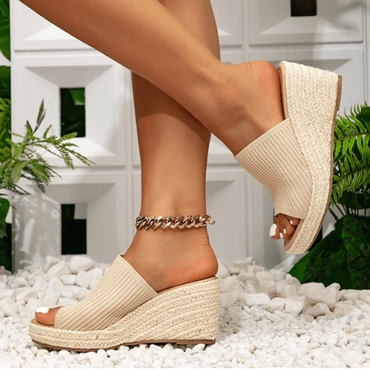Mattiventon Wedge Sandals for Women Platform Sandals Espadrilles Beach Vacation Sandals Summer Knit Slip on Open Toe Heels Casual