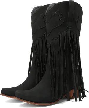 Meefit Women Fringe Cowboy Boots Square Toe Mid Calf Embroidered Western Boots,Tassel Cowgirl Boots Stacked Heel Retro Boots(Black,US9.5)
