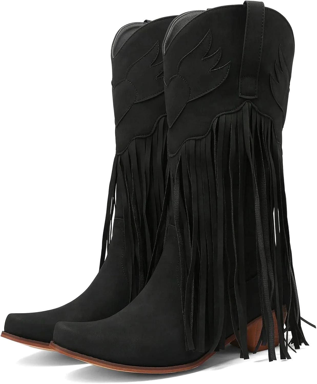 Meefit Women Fringe Cowboy Boots Square Toe Mid Calf Embroidered Western Boots,Tassel Cowgirl Boots Stacked Heel Retro Boots(Black,US9.5)