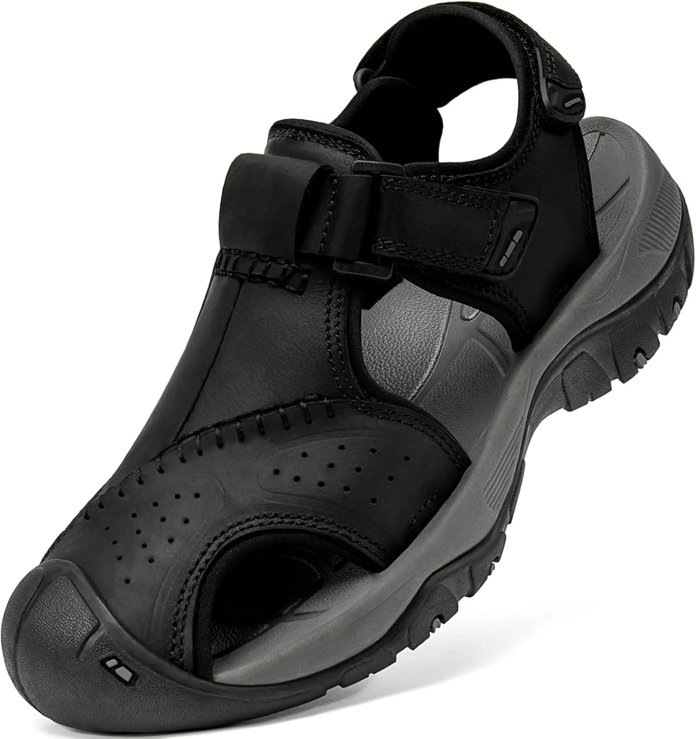 Mens Athletic Hiking Sandals Summer Outdoor Sport Sandals Closed Toe Leather Water Shoes for Trail Beach Walking Waterproof Black