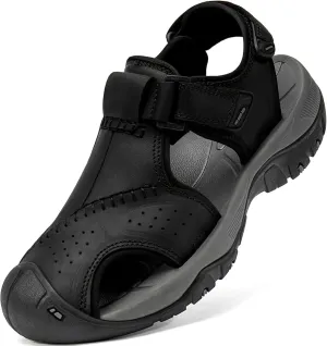 Mens Athletic Hiking Sandals Summer Outdoor Sport Sandals Closed Toe Leather Water Shoes for Trail Beach Walking Waterproof Black