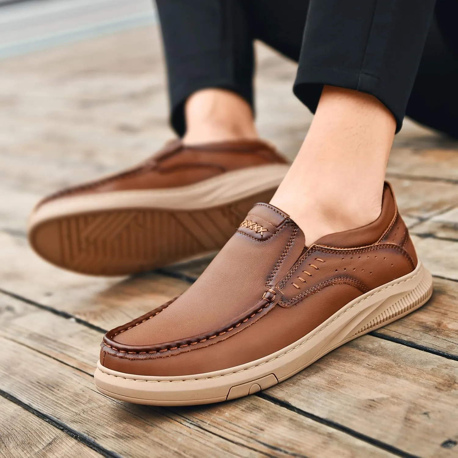 Mens Casual Dress Shoes Retro Genuine Leather Business Casual Oxfords Lightweight Breathable Formal Loafers for Driving, Office, Walking