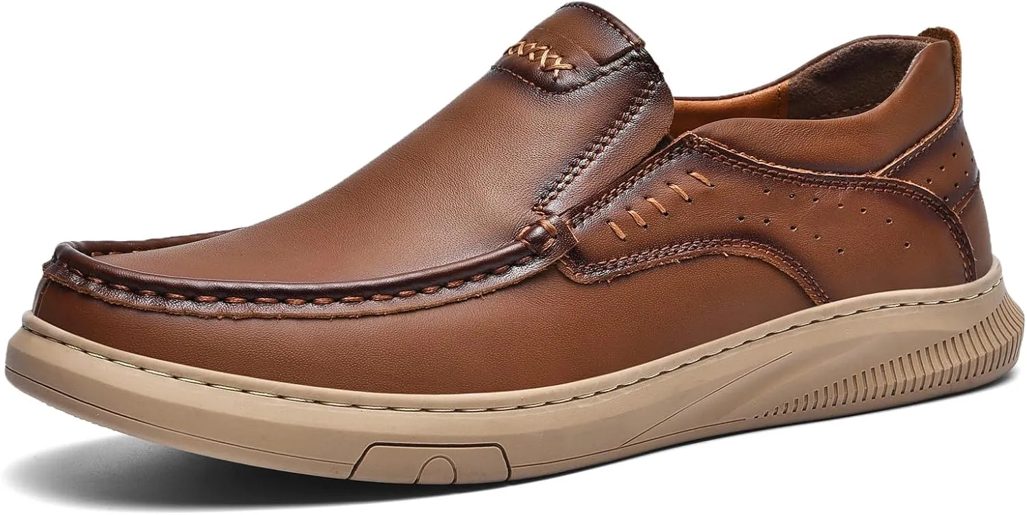 Mens Casual Dress Shoes Retro Genuine Leather Business Casual Oxfords Lightweight Breathable Formal Loafers for Driving, Office, Walking