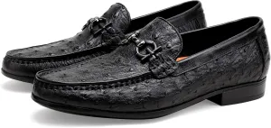 Men's Casual Genuine Leather Penny Loafers, Premium Ostrich Patterned Buckle Dress Shoes Slip on Wedding Party Loafer for Mens