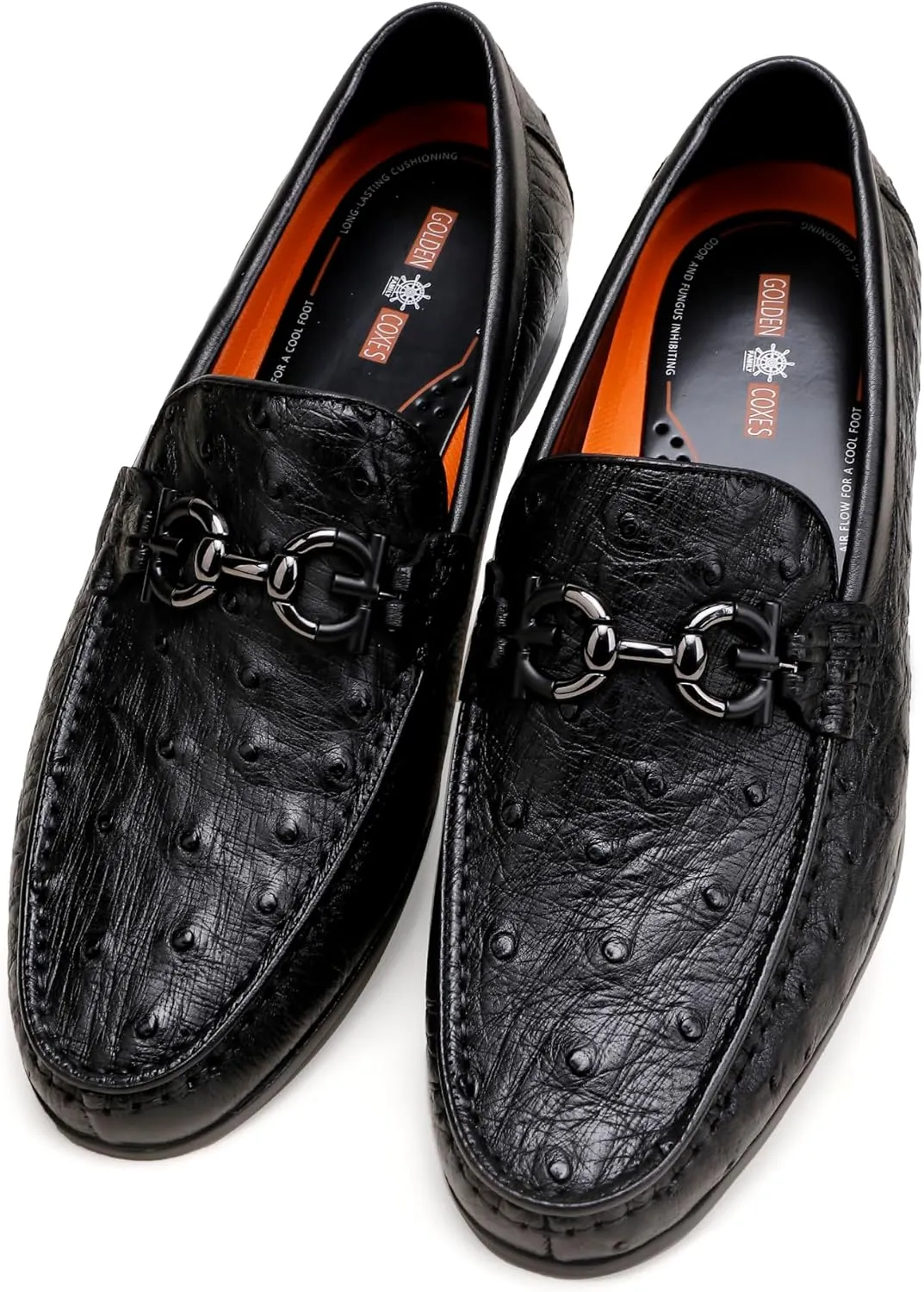 Men's Casual Genuine Leather Penny Loafers, Premium Ostrich Patterned Buckle Dress Shoes Slip on Wedding Party Loafer for Mens