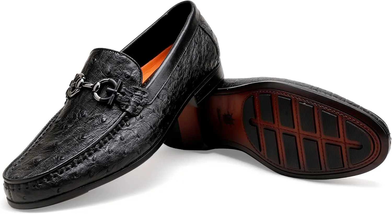 Men's Casual Genuine Leather Penny Loafers, Premium Ostrich Patterned Buckle Dress Shoes Slip on Wedding Party Loafer for Mens