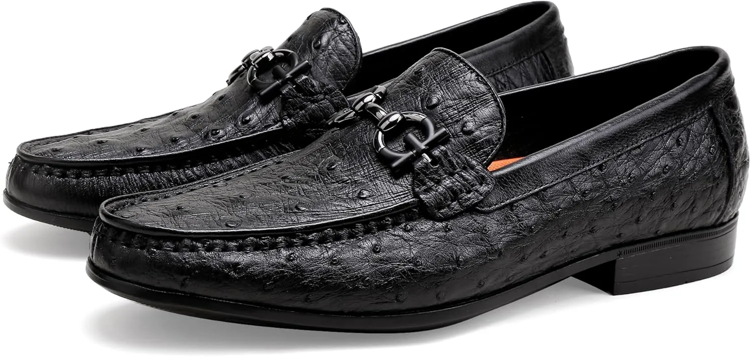 Men's Casual Genuine Leather Penny Loafers, Premium Ostrich Patterned Buckle Dress Shoes Slip on Wedding Party Loafer for Mens