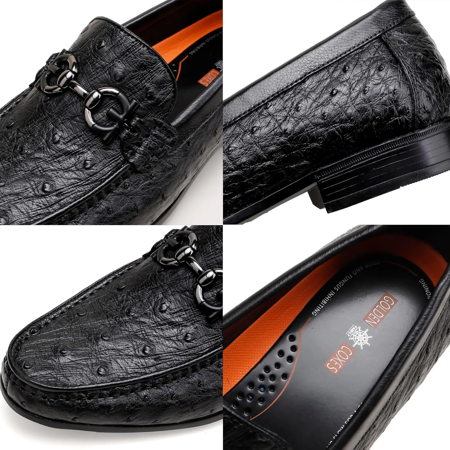 Men's Casual Genuine Leather Penny Loafers, Premium Ostrich Patterned Buckle Dress Shoes Slip on Wedding Party Loafer for Mens