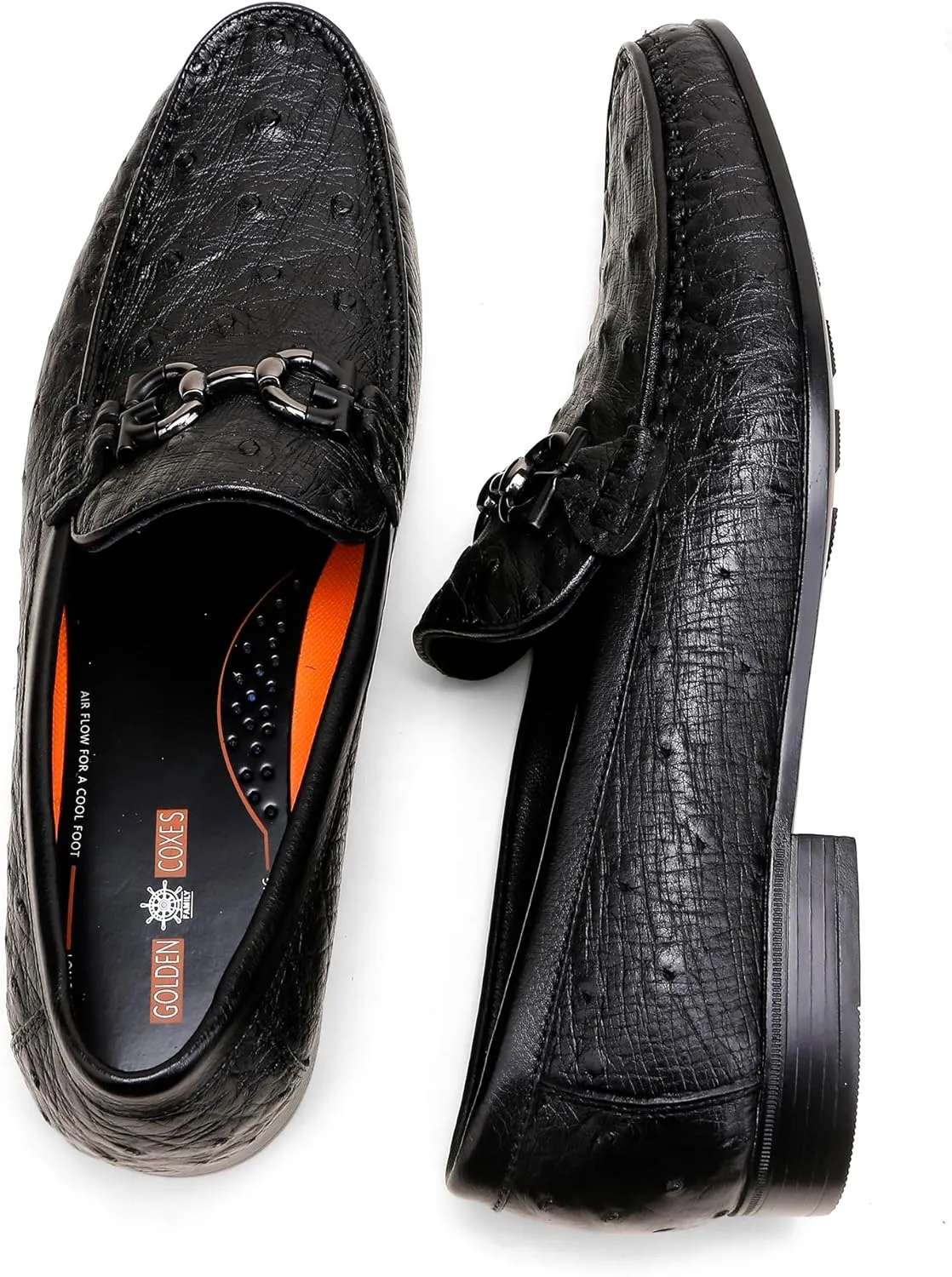 Men's Casual Genuine Leather Penny Loafers, Premium Ostrich Patterned Buckle Dress Shoes Slip on Wedding Party Loafer for Mens