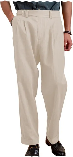 Men's Casual Linen Cotton Pants Vintage Lightweight Vacation Beach Pants Loose Fit Trousers