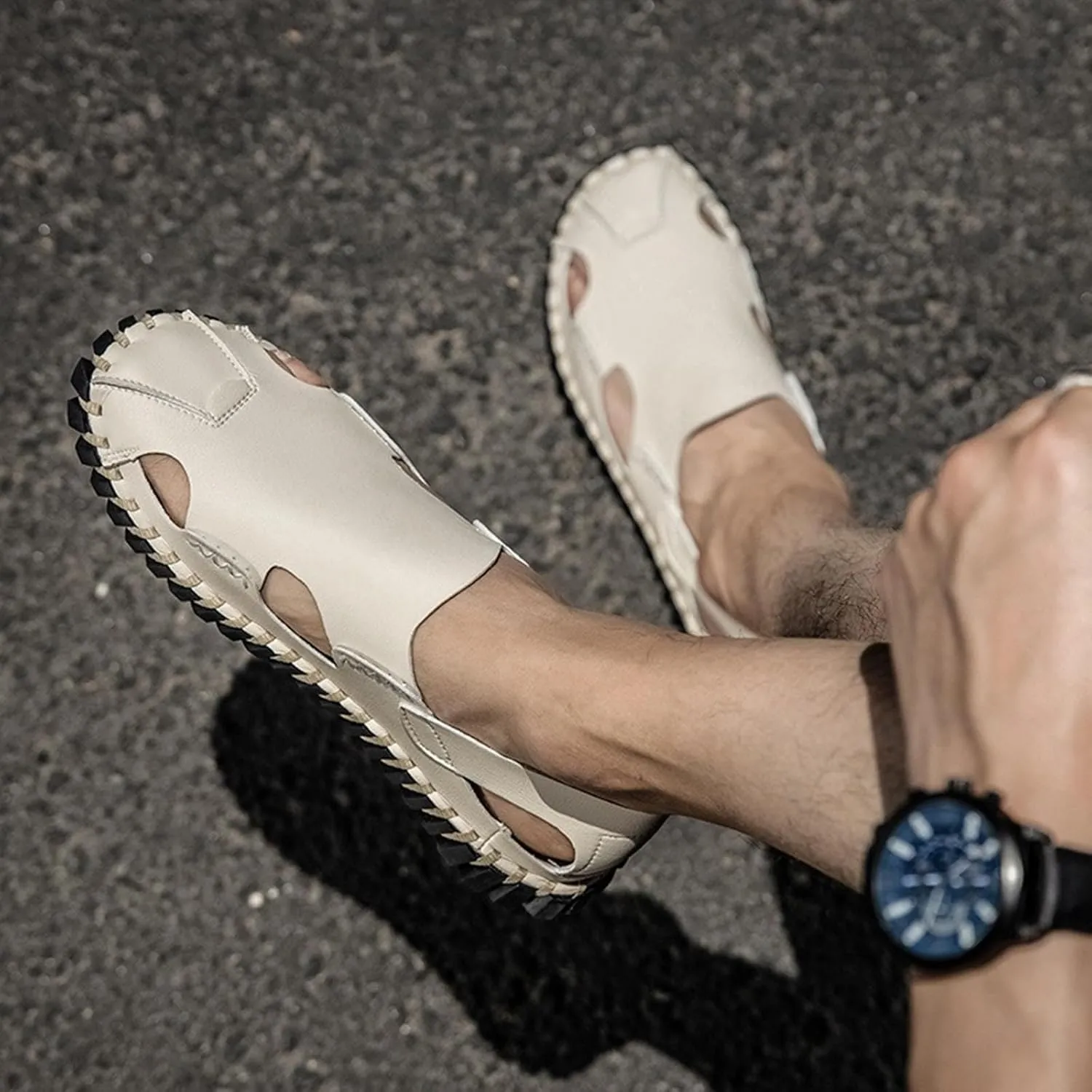 Men's Closed Toe Leather Handmade Sandals,Outdoor Hiking Sandals Closed Toe Leather Athletic Lightweight Trail Walking Casual Sandals Water Shoes Fisherman Beach Shoes
