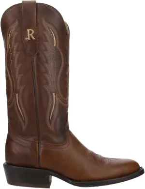Mens Cowhide Embroidered Round Toe Western Cowboy Boots Mid Calf - Brown