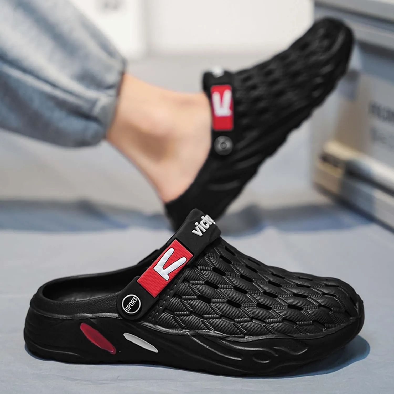 Men's fashion garden clogs, arch support, woven look design, EVA material, lightweight, durable, non-slip, beach shoes, gardening shoes, indoor and outdoor sandals.