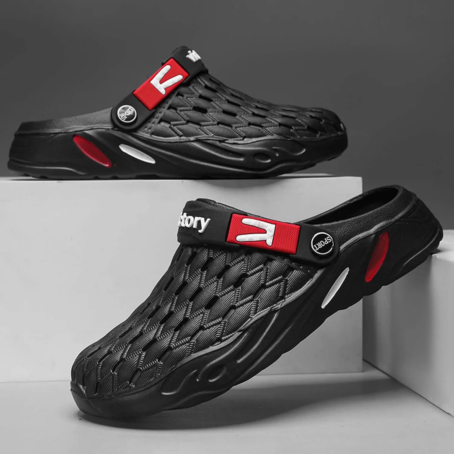 Men's fashion garden clogs, arch support, woven look design, EVA material, lightweight, durable, non-slip, beach shoes, gardening shoes, indoor and outdoor sandals.