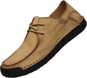 Men’s Hand Stitching Lace-up Flats Loafers Leather Casual Slip-Ons Outdoor Lightweight Vintage Non Slip Work Dress Driving Walking Shoes