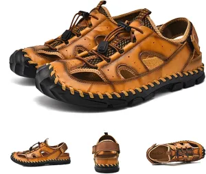 Men's Handmade Genuine Leather Sport Sandals Closed Toe Fisherman Beach Hiking Water Shoes Outdoor Lightweight Trail Casual Sandals